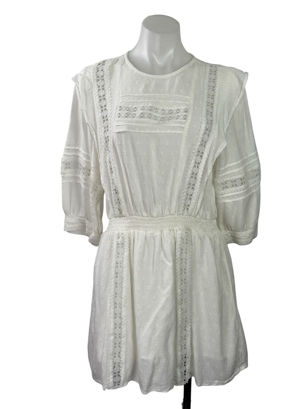 H&M Women's White Lace Boho 3/4 Sleeve Smocked Fit & Flare Mini Dress Size 10